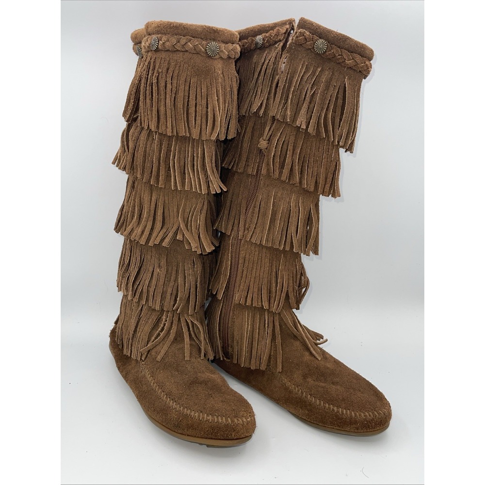 Minnetonka Women's Size 7 Shoes Brown Suede Fringe 5-Layer Western Boots Boho